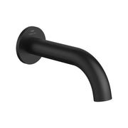 Matte black curved tub spout with round wall-mounted flange and angled outlet.