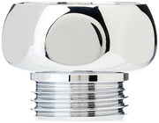 Chrome adapter fitting with threaded male connection and curved mounting bracket.