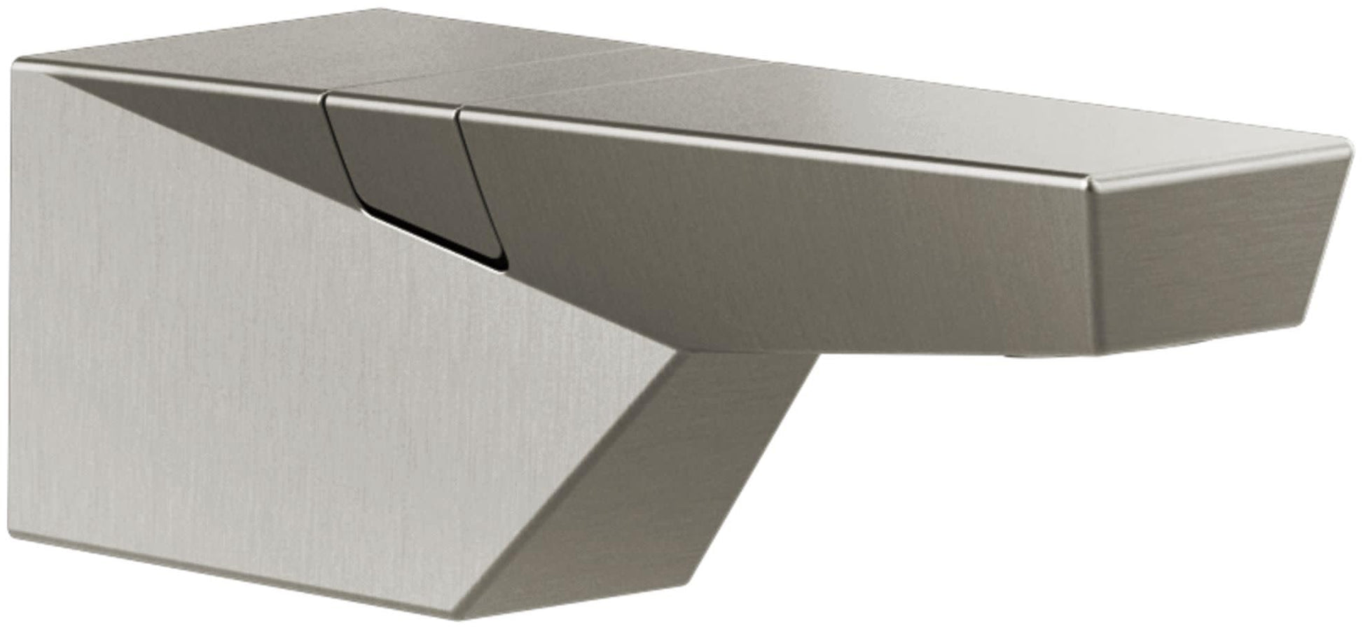 Stainless steel tub spout with angular geometric design and diverter valve on brushed finish surface.