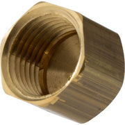 Brass cap with 1/2" female IPS threaded interior connection, hexagonal shape.