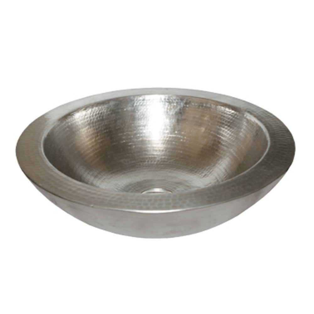 Round brushed nickel vessel sink with hammered texture interior and smooth rim.