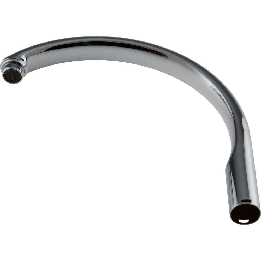 Chrome waterfall faucet spout with curved arc design and aerator at the tip.