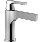 Chrome single-handle bathroom faucet with curved spout and cylindrical body featuring a black handle lever.