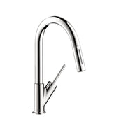 Chrome prep kitchen faucet with curved spout and pull-down spray head.