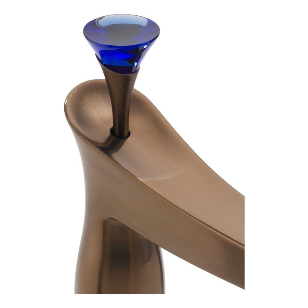 Blue glass finial with brushed nickel stem and mounting base for roman tub faucet.