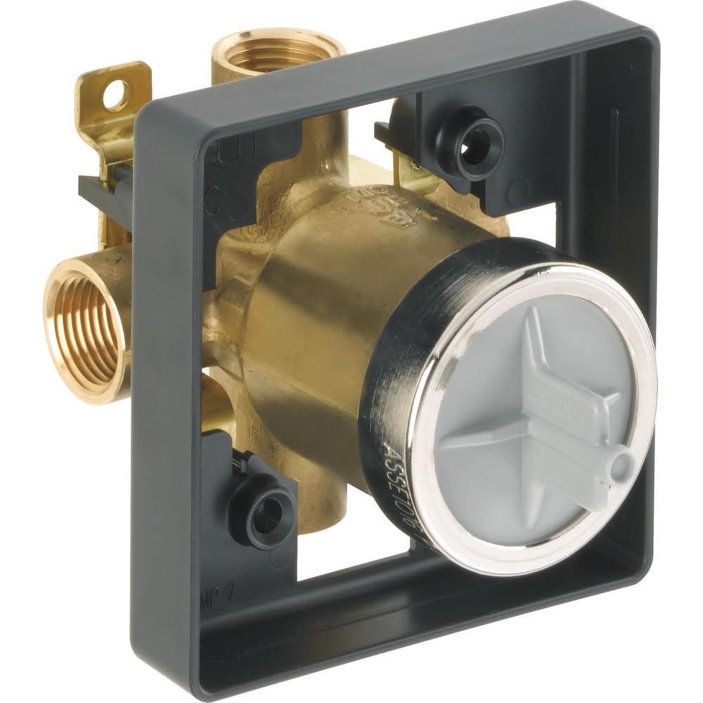 Brass pressure balance valve with black mounting bracket and white trim ring, IPS connections on left side.