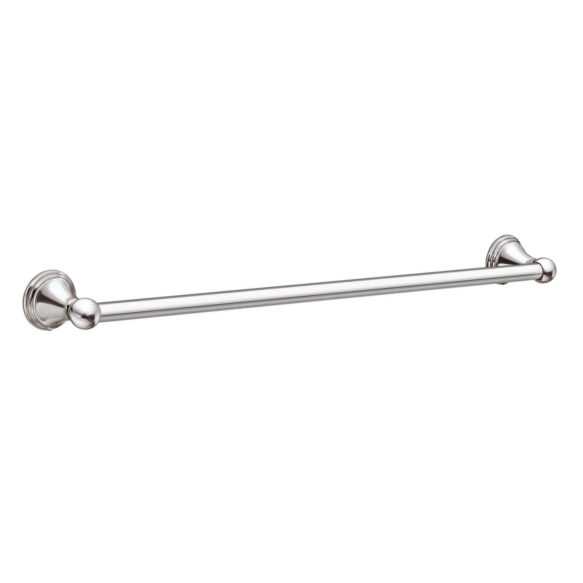 Chrome towel bar with spherical end caps mounted horizontally on a white background.