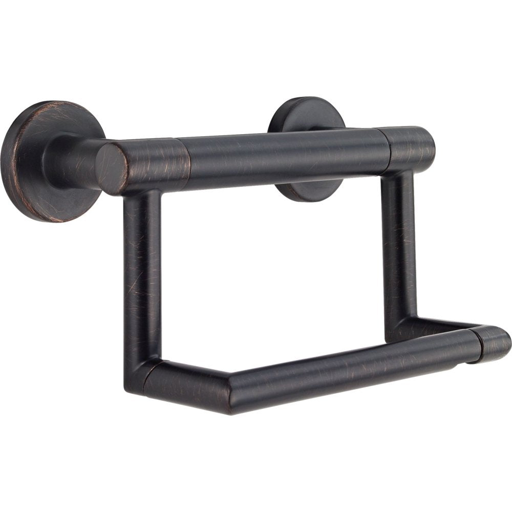 Matte black tissue holder with horizontal bar and vertical assist grip mounted on circular wall flanges.