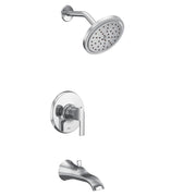 Chrome tub and shower trim kit with single handle control, round showerhead, and curved tub spout.
