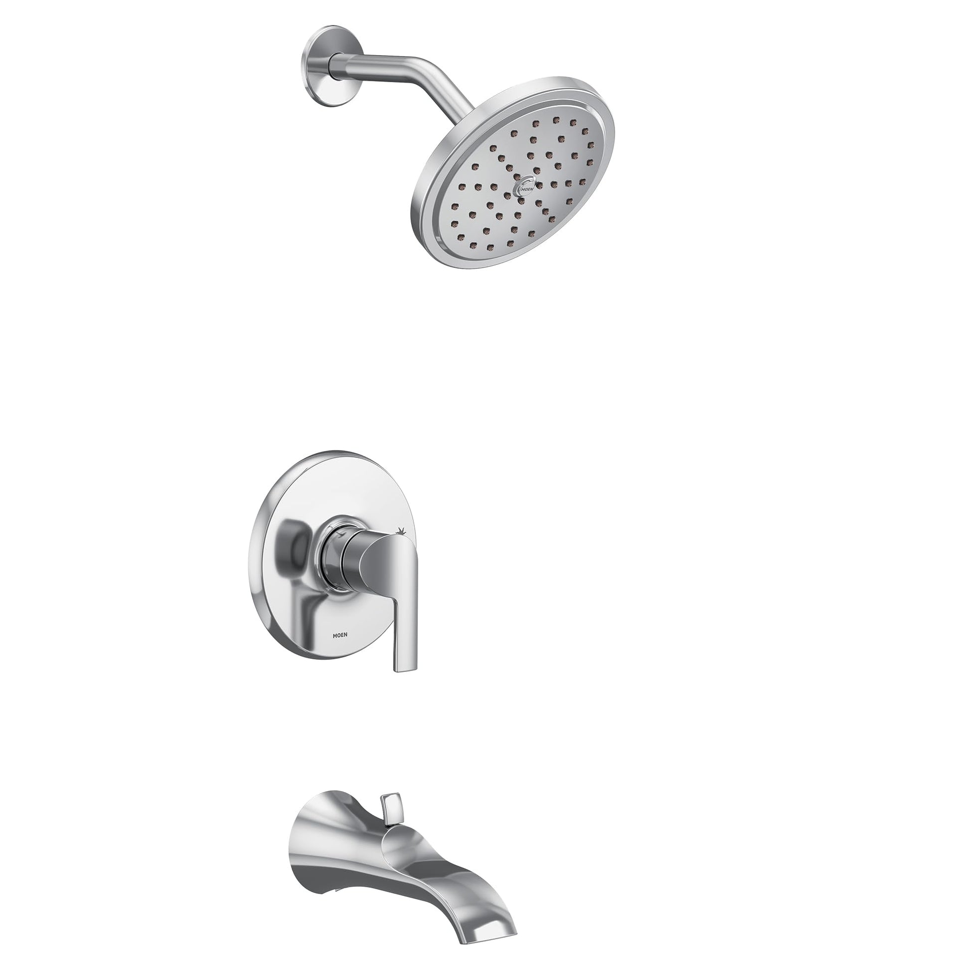 Chrome tub and shower trim kit with single handle control, round showerhead, and curved tub spout.