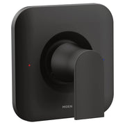 Moen Genta LX matte black shower valve trim with lever handle and rounded rectangular escutcheon plate.