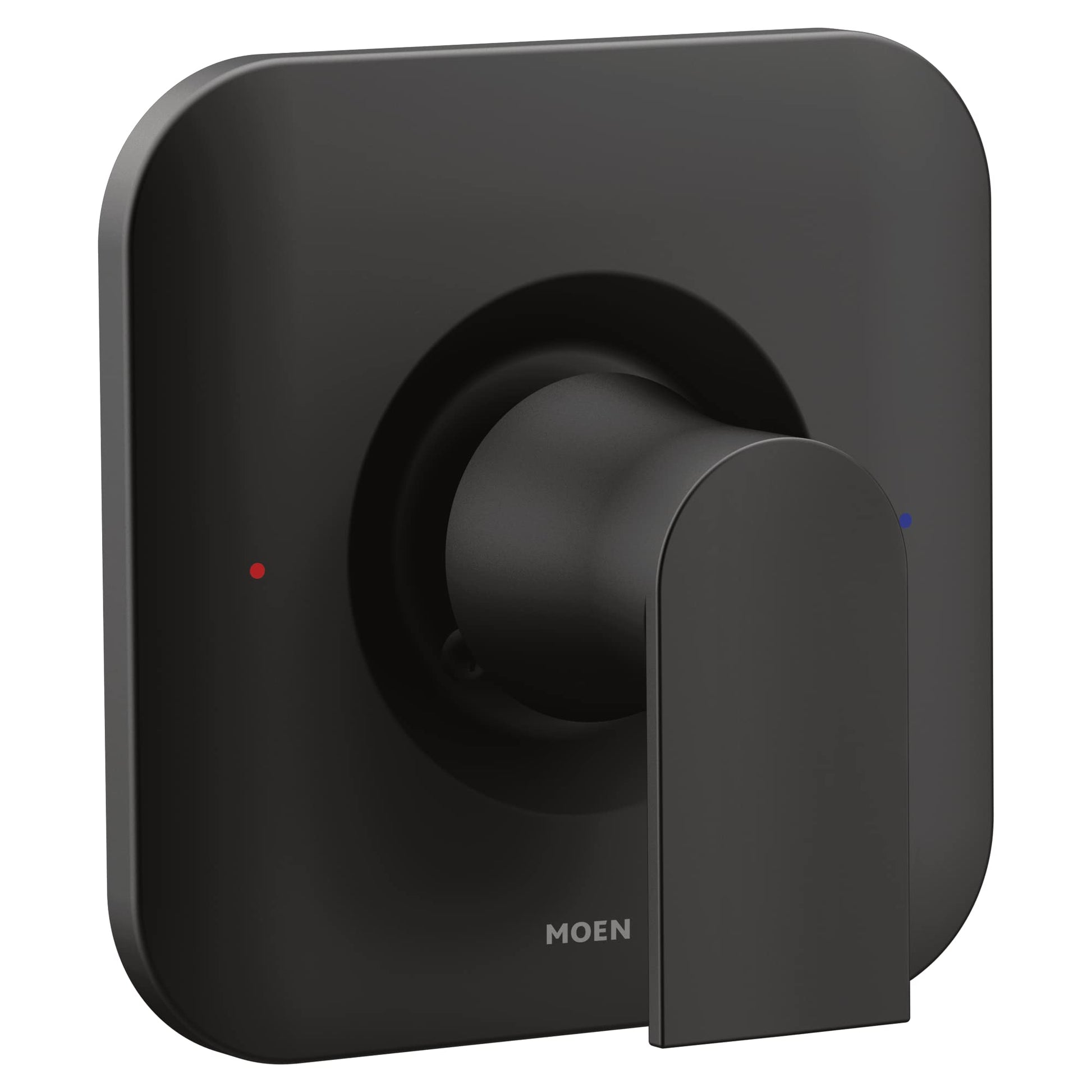 Moen Genta LX matte black shower valve trim with lever handle and rounded rectangular escutcheon plate.