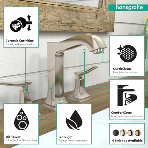 Polished nickel widespread bathroom faucet with lever handles, arc spout, and pop-up drain on sink countertop.