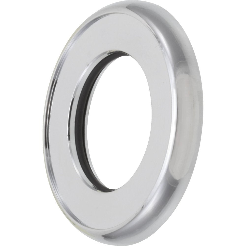Chrome finish circular trim ring with central opening and black rubber gasket seal.