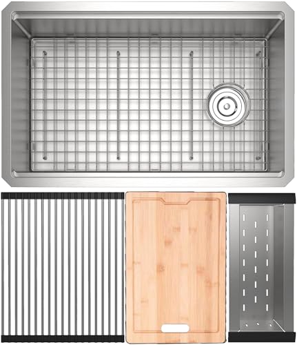 Brushed stainless steel undermount workstation sink with drain, grid insert, and three accessory boards including cutting boa