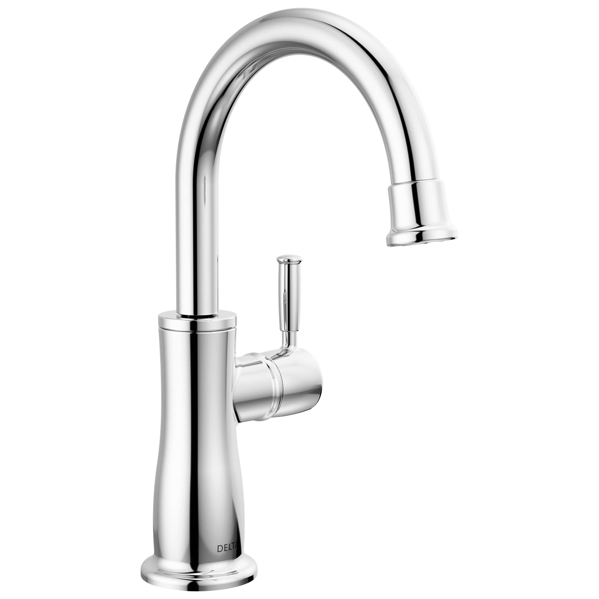 Chrome beverage faucet with curved spout and single lever handle.
