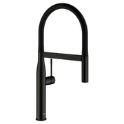 Matte black single-handle kitchen faucet with high curved spout and side spray handle.