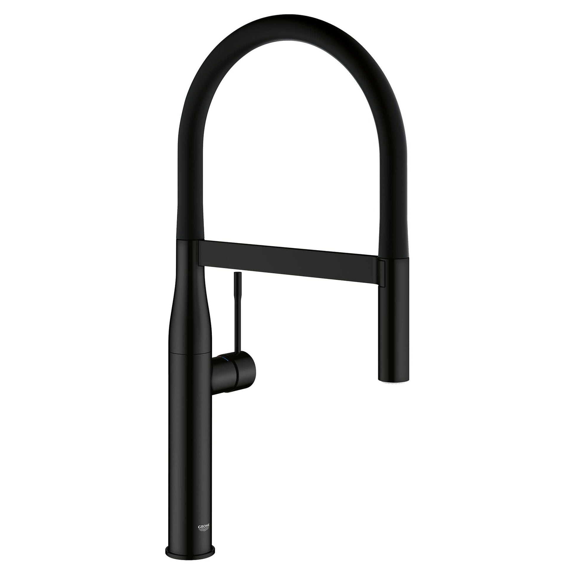 Matte black single-handle kitchen faucet with high curved spout and side spray handle.