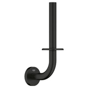 Matte black spare toilet paper holder with curved arm and circular wall-mounted base.