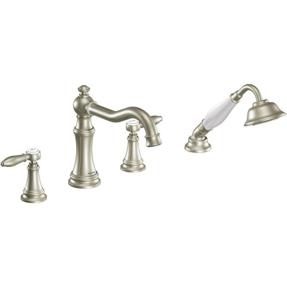 Brushed nickel roman tub faucet trim with two handles, curved spout, and detachable handshower with bell-shaped head.
