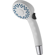 White hand shower with blue spray holes, black grip, and chrome base.