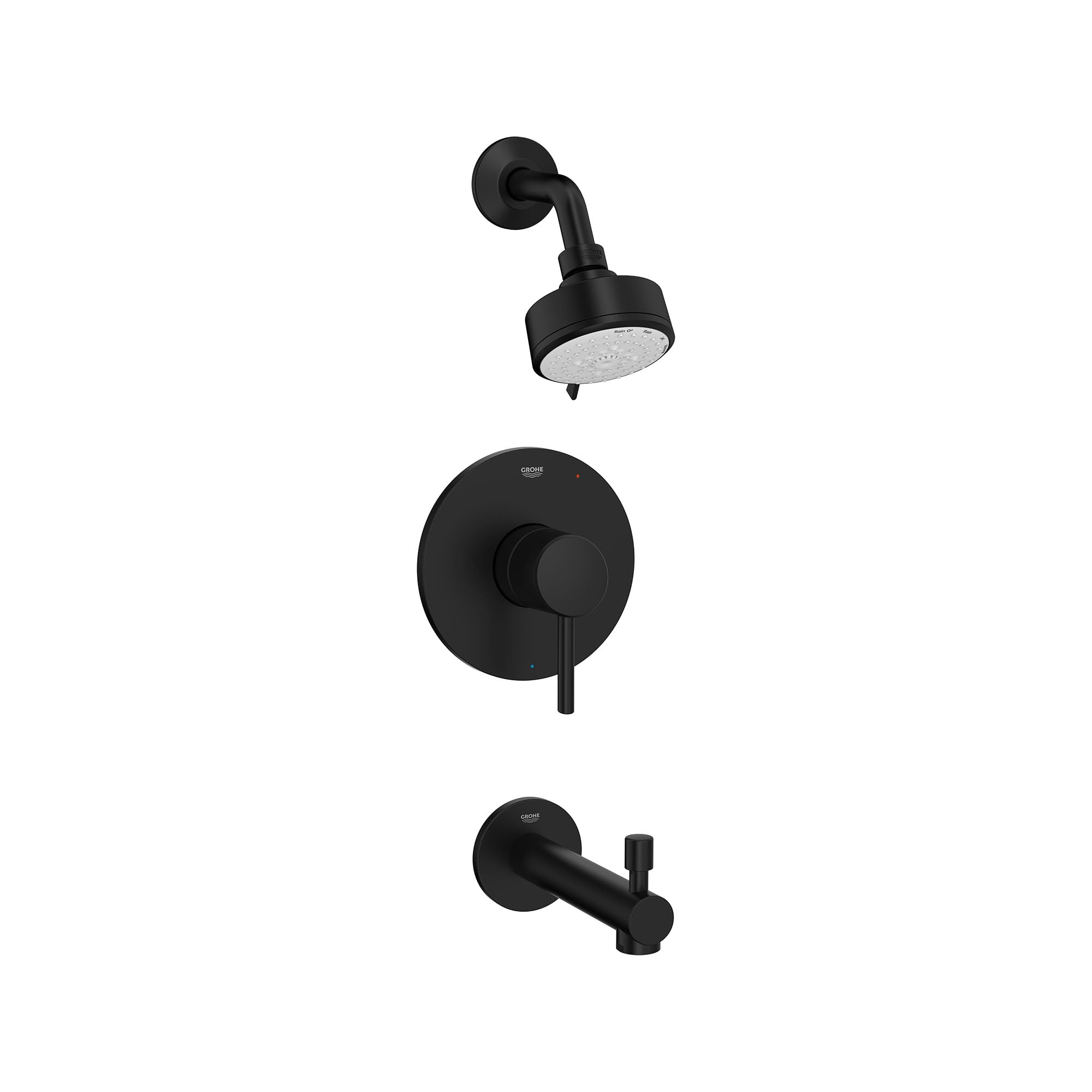 Matte black tub and shower valve set with round wall-mounted trim plate, lever handle, showerhead, and tub spout.