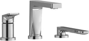 Chrome deck mount tub filler trim with tall central spout and two accompanying valve components.