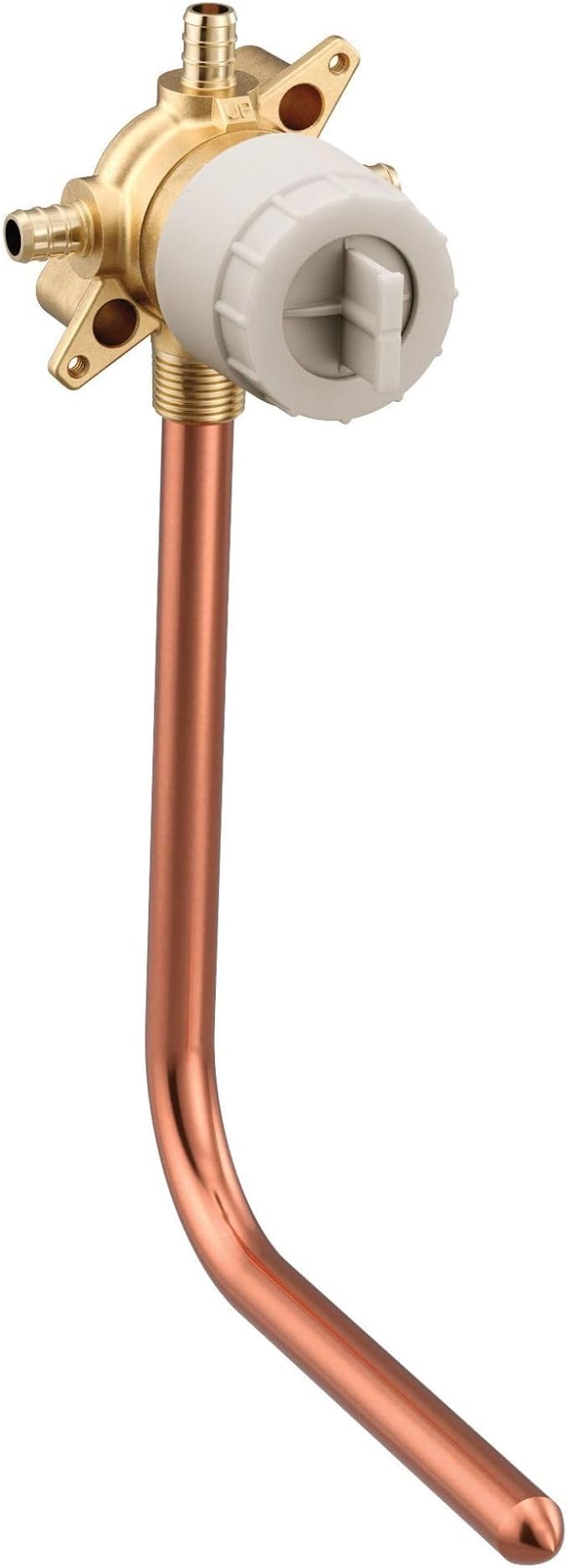 Brass PEX crimp-to-crimp transfer valve adapter with white cartridge body and copper tubing connection.