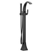 Matte black freestanding floor-mount tub filler with curved spout, single handle, and detachable handshower on hose.