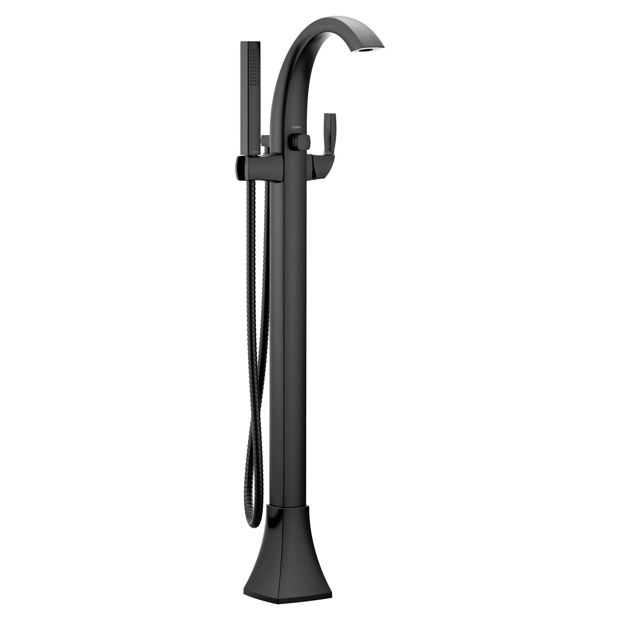 Matte black freestanding floor-mount tub filler with curved spout, single handle, and detachable handshower on hose.