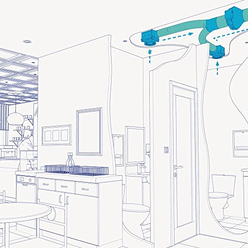 Bathroom ventilation system diagram showing blue ductwork and exhaust components installed in ceiling.