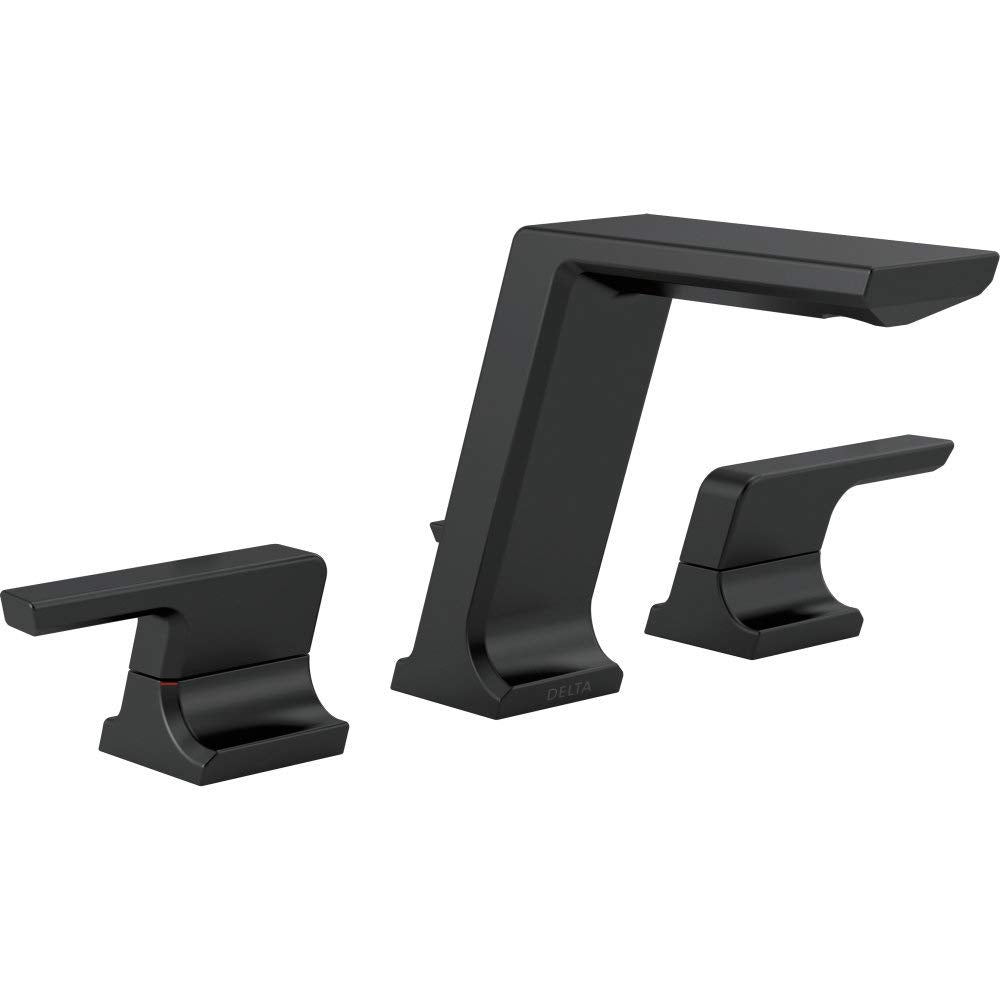 Black widespread bathroom faucet with two handles and tall central spout on white background.