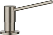 Satin platinum soap dispenser with cylindrical pump and angled spout mounted on circular base.
