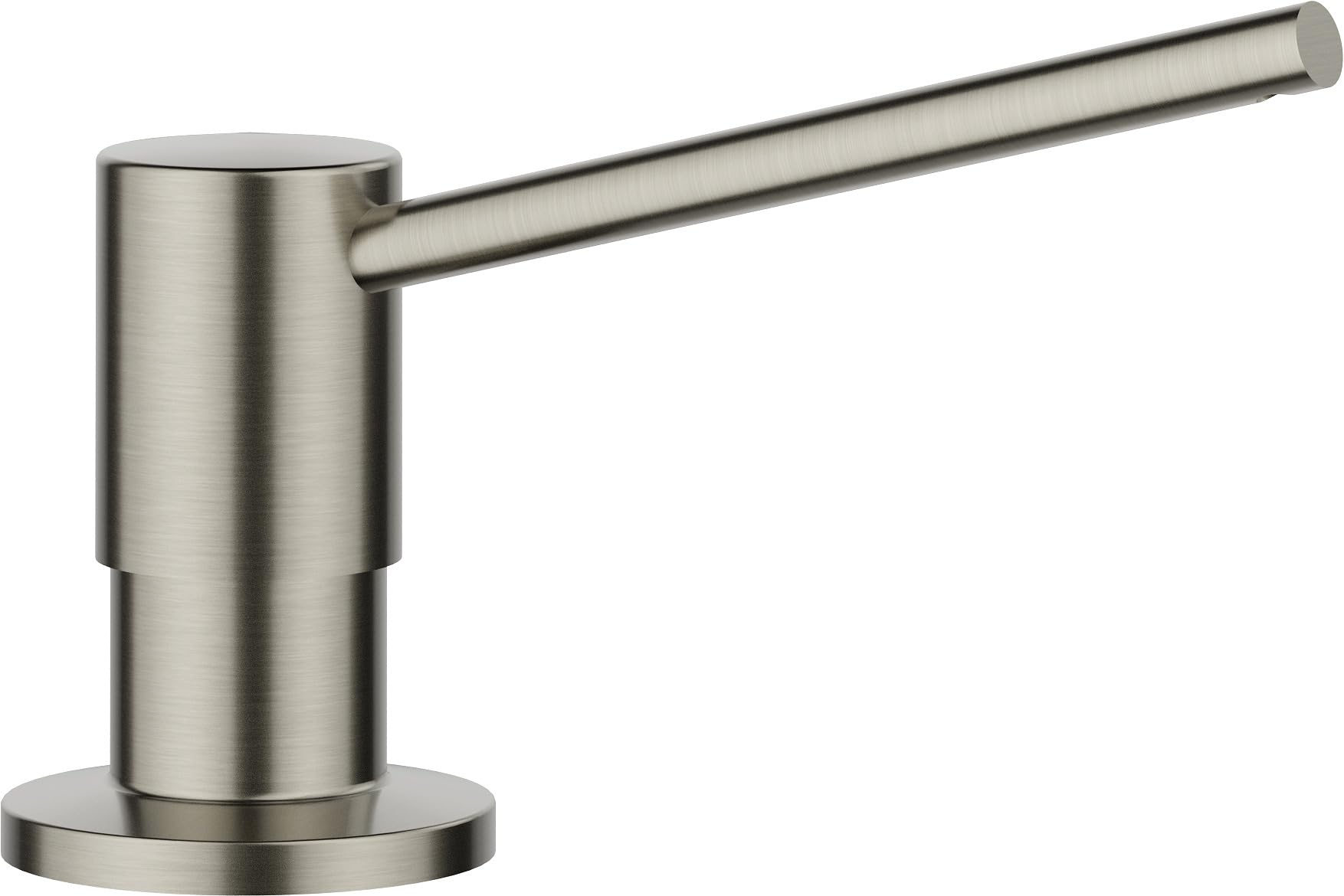 Satin platinum soap dispenser with cylindrical pump and angled spout mounted on circular base.