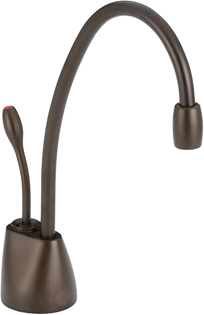 Mocha bronze instant hot water dispenser faucet with curved spout and single lever handle on round base.