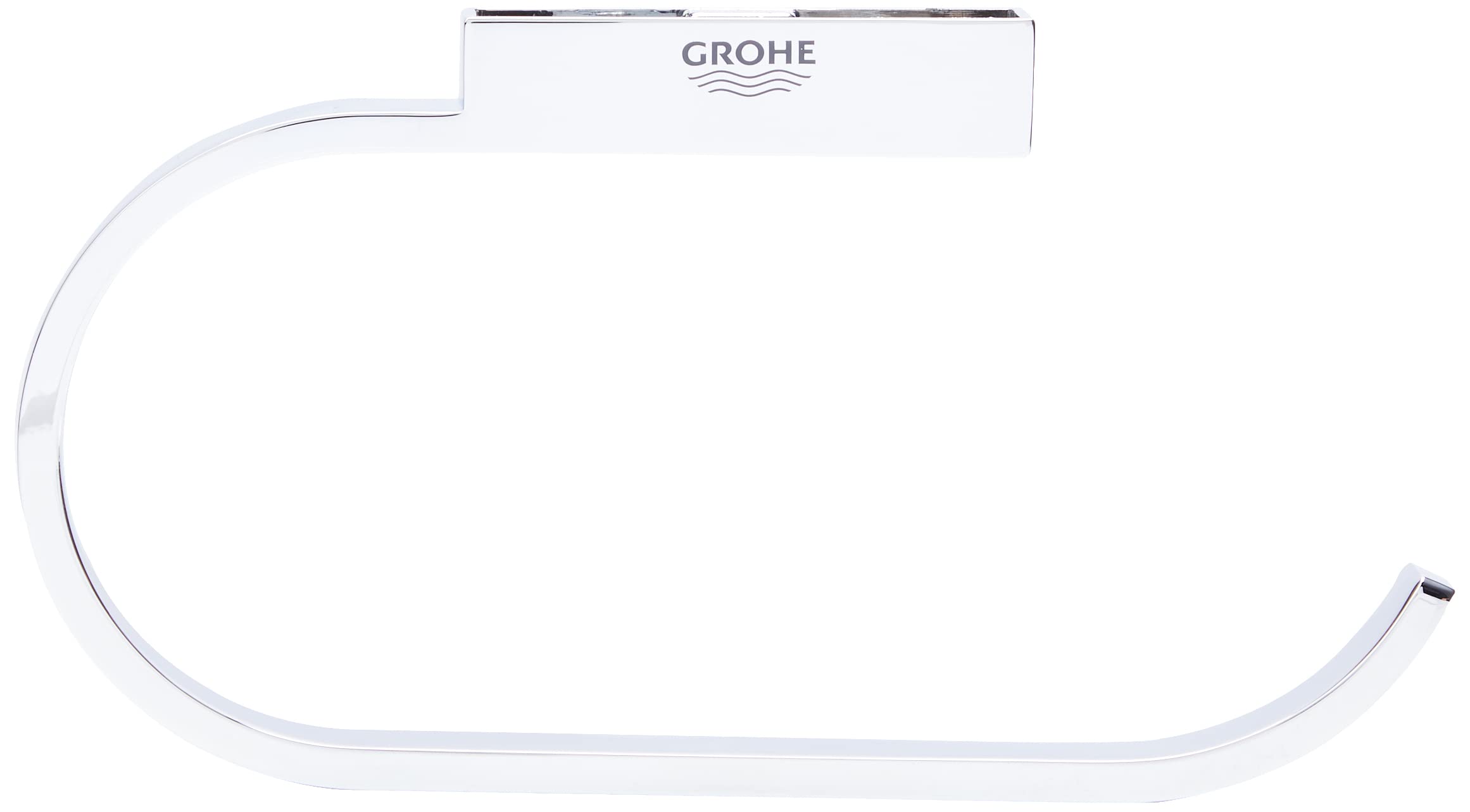 Chrome paper holder with curved open design and Grohe branding on mounting plate.