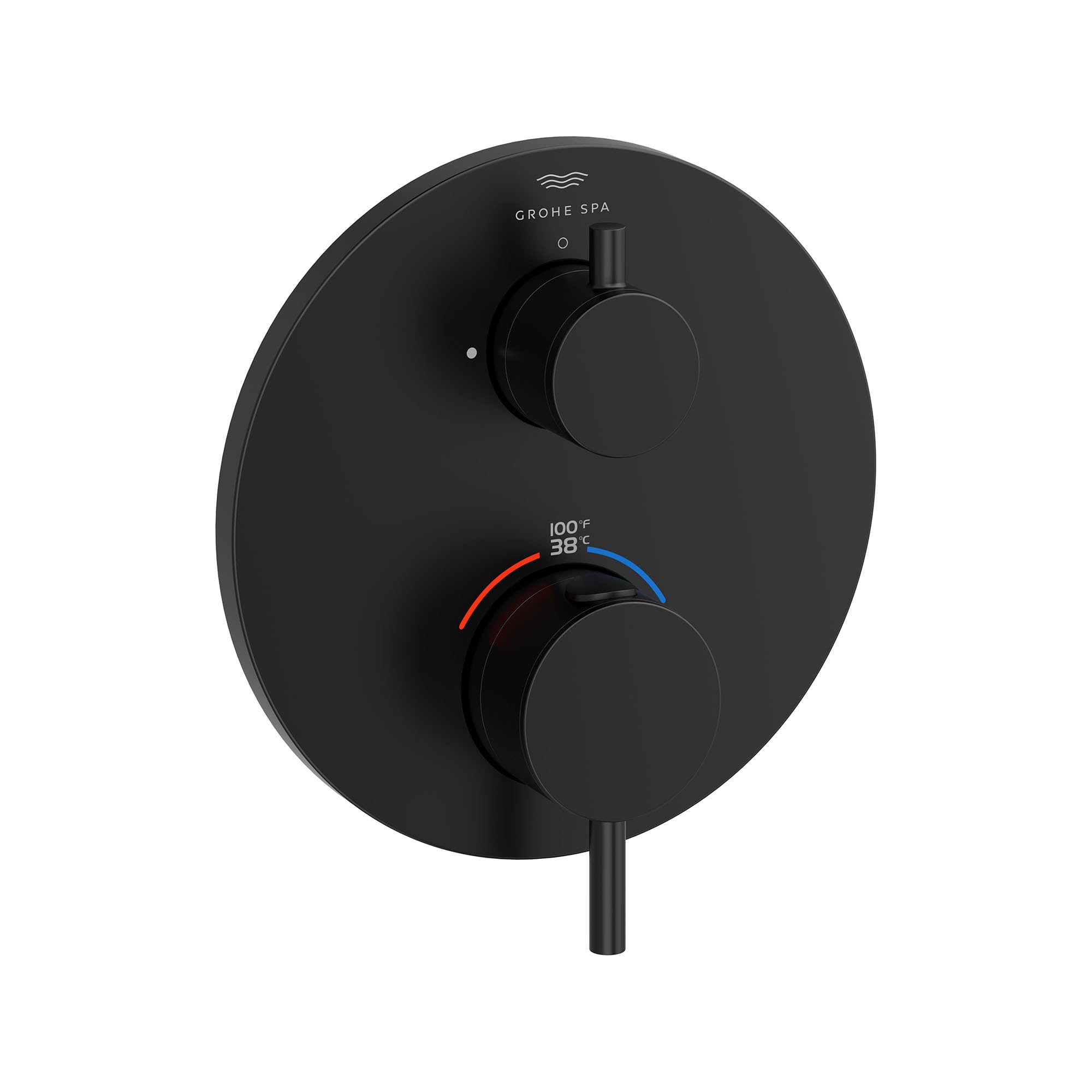 Matte black circular thermostatic valve trim with two handles, temperature dial showing Fahrenheit and Celsius, and Grohe SPA