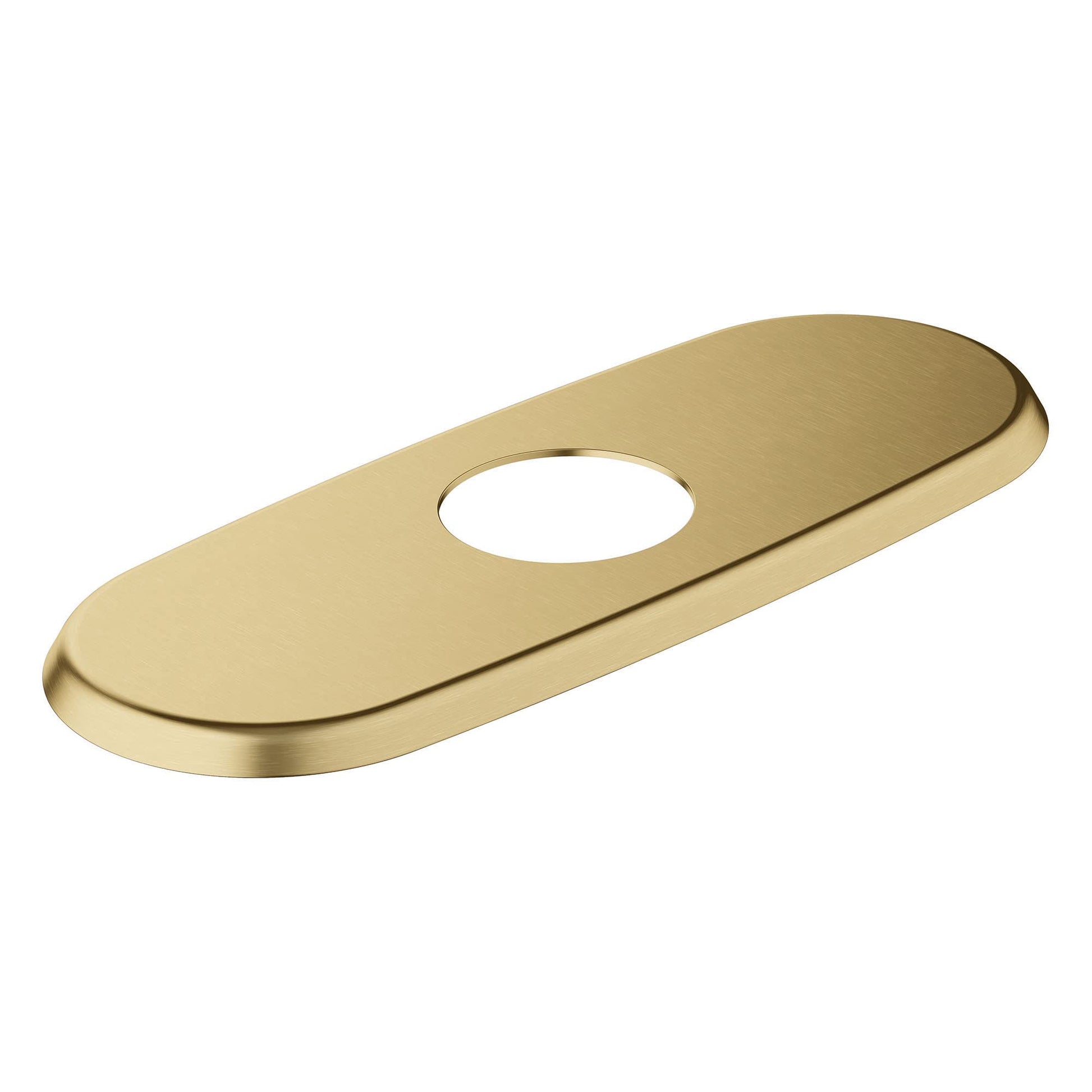 Brushed gold oval escutcheon with center hole for faucet mounting.