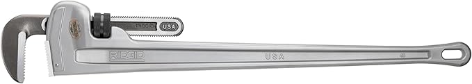 RIDGID 48 inch aluminum straight pipe wrench with adjustable jaw and grip handle.