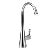 Chrome kitchen beverage faucet with curved spout and single lever handle.