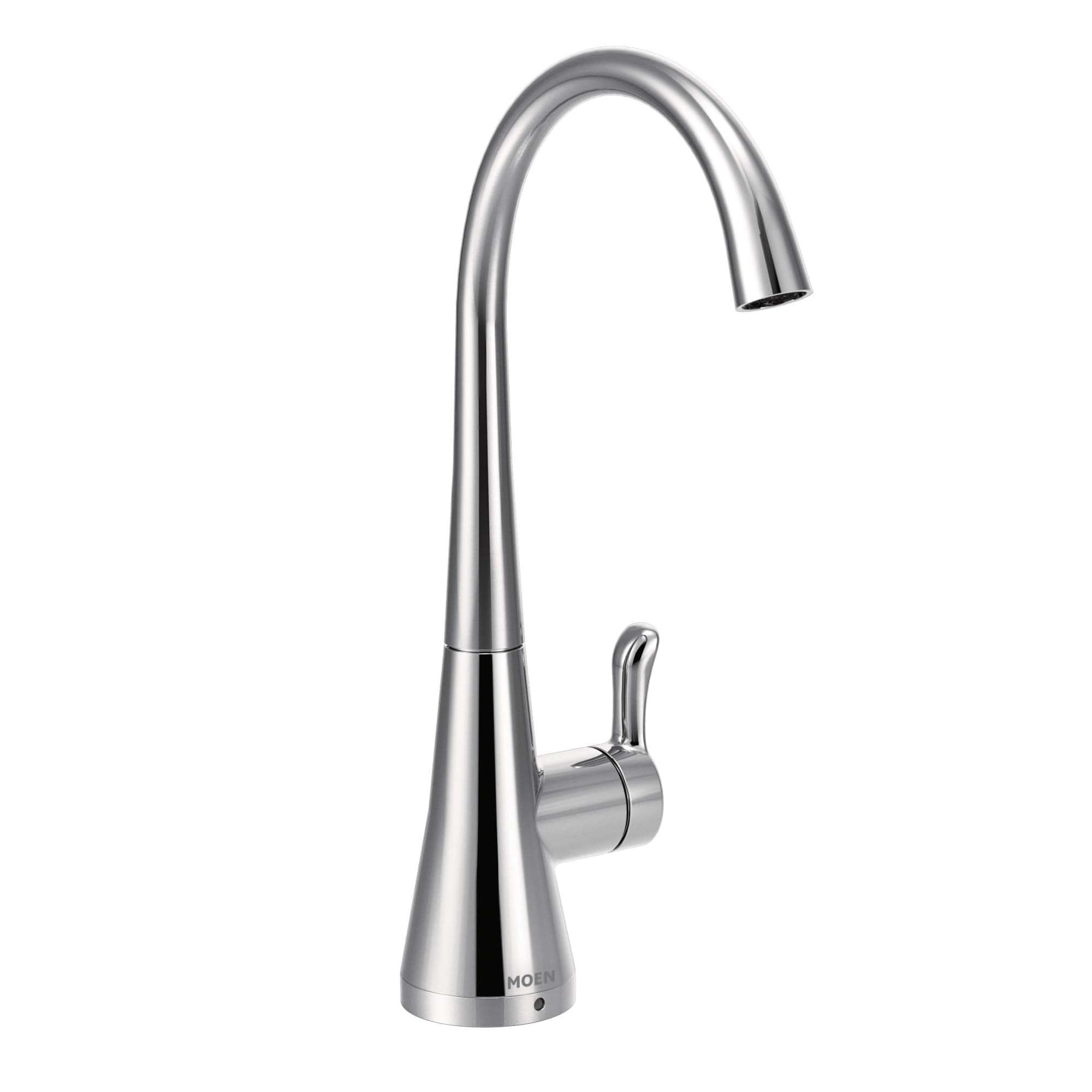 Chrome kitchen beverage faucet with curved spout and single lever handle.