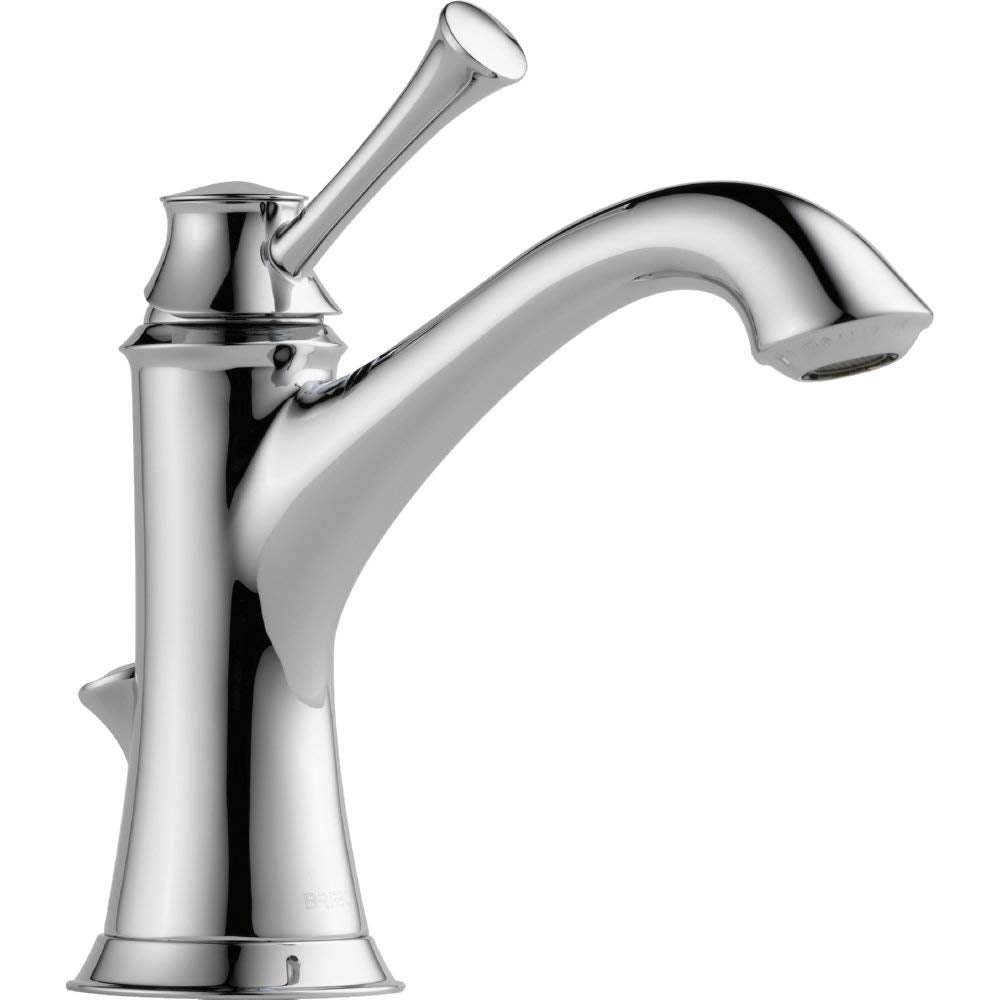 Chrome single-handle bathroom faucet with curved spout and decorative lever handle on cylindrical base.