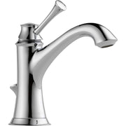 Chrome single-handle bathroom faucet with curved spout and decorative lever handle on cylindrical base.