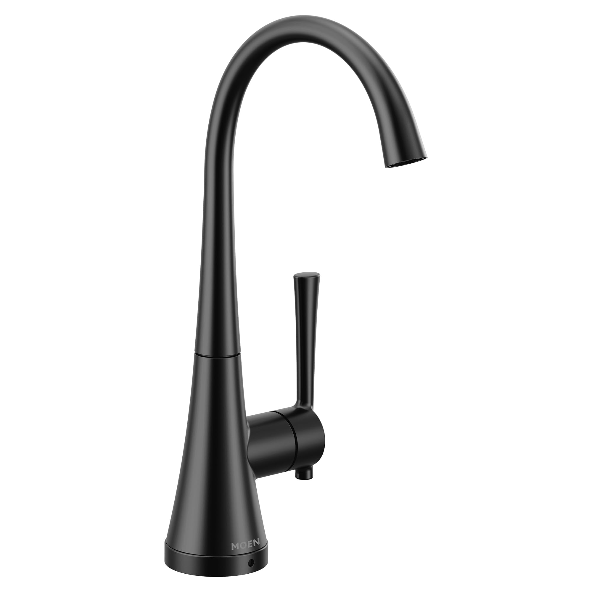 Matte black beverage faucet with high arc spout and single handle lever on conical base.