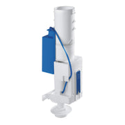 Grohe dual flush discharge valve with white plastic body, blue lever, and cylindrical chamber for toilet tank installation.