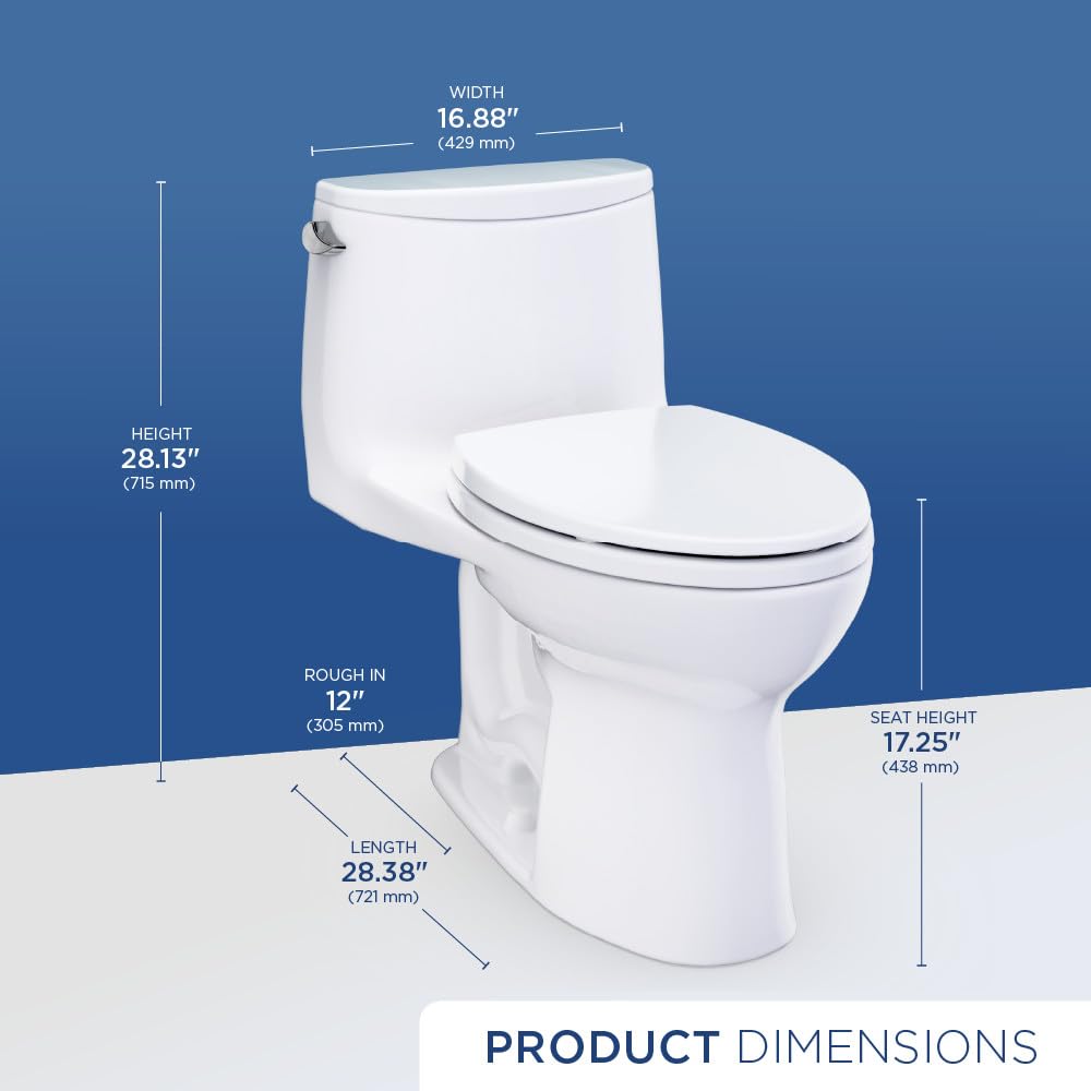 White one-piece elongated toilet with closed seat lid shown with dimension measurements: 16.88" width, 28.13" height, 28.38" 