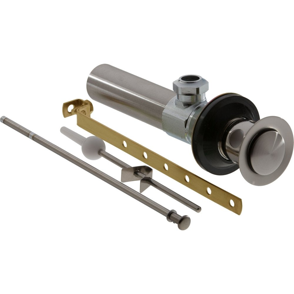 Stainless steel pop-up drain assembly with brass lever, metal cylinder, and circular stopper components displayed separately.