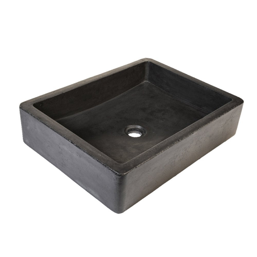 Slate-colored rectangular bathroom sink with single drain hole and curved exterior edges.