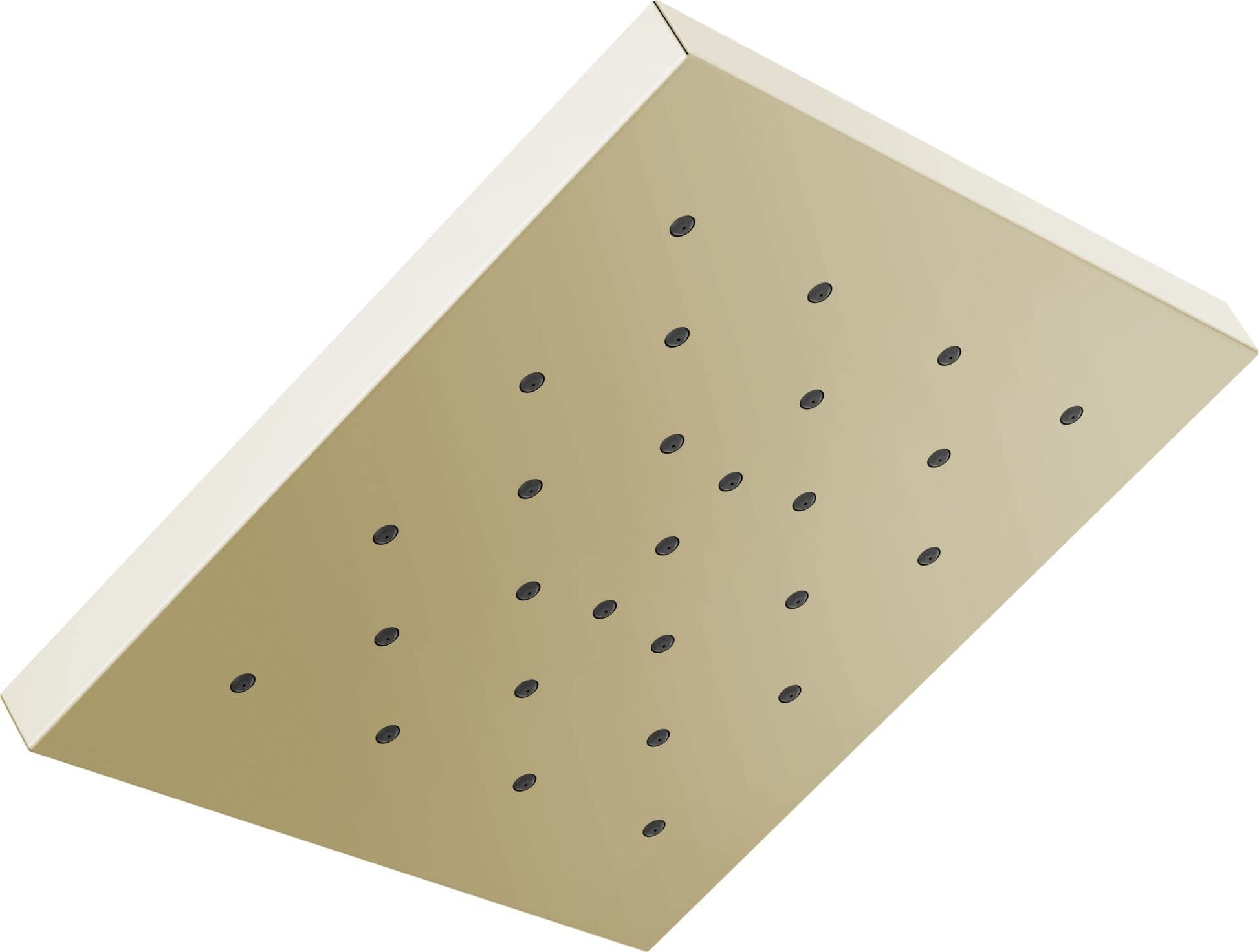Square gold shower head with multiple small spray holes and white trim ring.