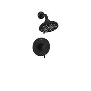 Matte black shower valve trim with round wall plate, lever handle, and perforated showerhead.